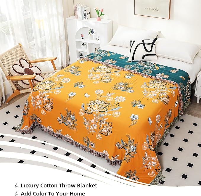 VANJOROY Boho Large Throw Blanket, 100% Organic Cotton Breathable Soft Bed Throw - Floral Bird Farmhouse Decor Blanket for Sofa Couch Chair Quilt and Gift. (Flower-Art, 80" x 90")
