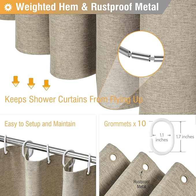 BTTN Stall Fabric Shower Curtain - 54x78 Inch Long Linen Textured Heavy Duty Shower Curtain Set with 10 Plastic Hooks, Narrow Hotel Spa Luxury Weighted Thick Curtains for Bathroom Showers - Khaki/Tan