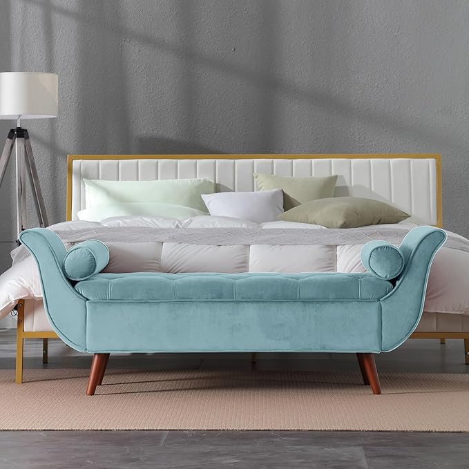 Velvet Storage Bench for Bedroom End of Bed with 2 Pillow, Upholstered Button Tufted Storage Ottoman Bench Footstool Rolled Arm Solid Wood Legs for Entryway Living Room Dining Room (Blue)