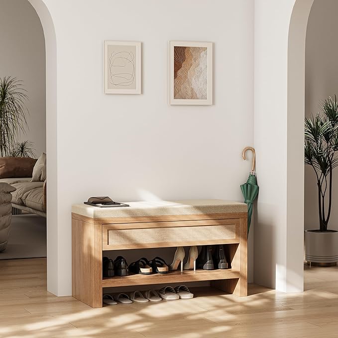 32” Shoe Bench with Storage Drawer, Farmhouse Entryway Bench with Linen Seat Cushion, Wooden Shoe Rack with Shelf for Entryway Hallway Living Room Bedroom, Oak