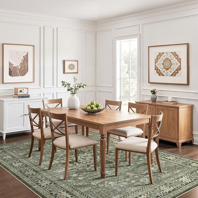 10x14 Area Rugs Living Room: Washable Boho Large Neutral Vintage Soft Rug Stain Resistant Farmhouse Non Slip Indoor Floor Carpet for Bedroom Nursery Kids Playroom Office Dining Room- Dark Green
