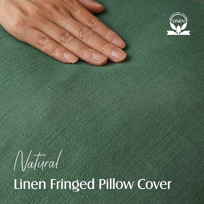 Foindtower Set of 2 Decorative Linen Fringe Throw Pillow Covers Cozy Boho Farmhouse Cushion Cover with Tassels Soft Accent Pillowcase for Couch Sofa Bed Living Room Home Decor, 20×20 Inch, Pine Green