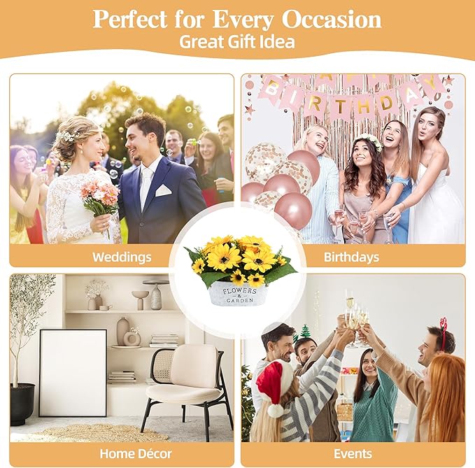Sunflower Decor in Metal Pot – Artificial Sunflowers Bouquet with Cotton Handles, Centerpiece for Desk, Kitchen, Bathroom, Office, Classroom, Living Room, Table Decoration