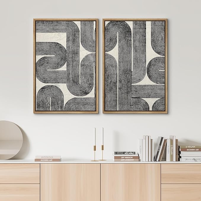 SIGNWIN Framed Wall Art Print Set Black and White Geometric Line Abstract Photography Modern Art Rustic Relax/Calm Multicolor for Living Room, Bedroom, Office - 24"x36"x2 NATURAL