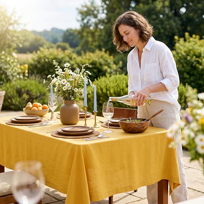 Solino Home Linen Tablecloth 60 x 120 Inch - 100% Pure Linen Mustard Yellow Table Cloth for Rectangle Tables - Fete, Machine Washable Tablecloth for Summer