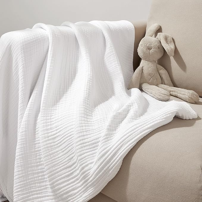 PHF 100% Cotton Muslin Throw XL Blanket Large 50" x 70", 4-Layer Lightweight Gauze Throw, Breathable Cloud-Soft Minimalist Blanket for Bed, Couch, Camping, White, Ideal Gift