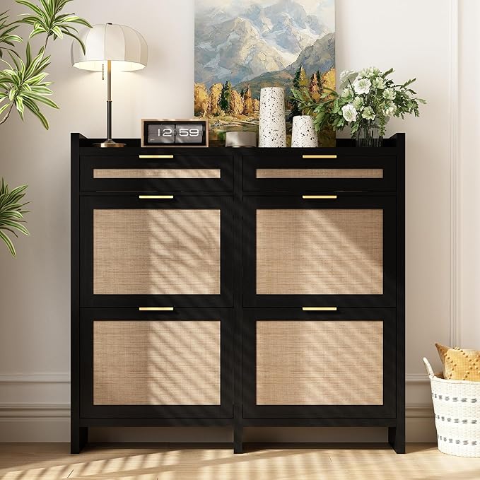 Shoe Organizer Cabinet Storage for Entryway - Slim Rattan Shoe Rack for Front Door Entrance, Narrow Hidden Shoe Cabinet with Flip Drawers, Boho Shoe Holder Cabinet, Black