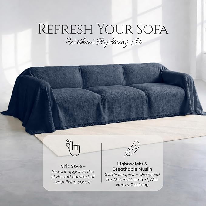 Oversize Sofa Cover %100 Pure Cotton, Gauze Couch Covers for 4 Seater, Sectional Sofa, Extra Large 4 Layered Muslin Natural Fabric, Cloud Like Washable Couch Cover (Space Blue, 95x165" / 240x420 cm)