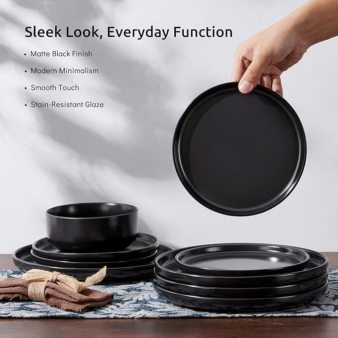 E-far Stoneware Dinnerware Sets for 8, 24-Piece Plates and Bowls Set, Modern Ceramic Dishes Dinning Ware, Microwave & Dishwasher Safe - Matte Black