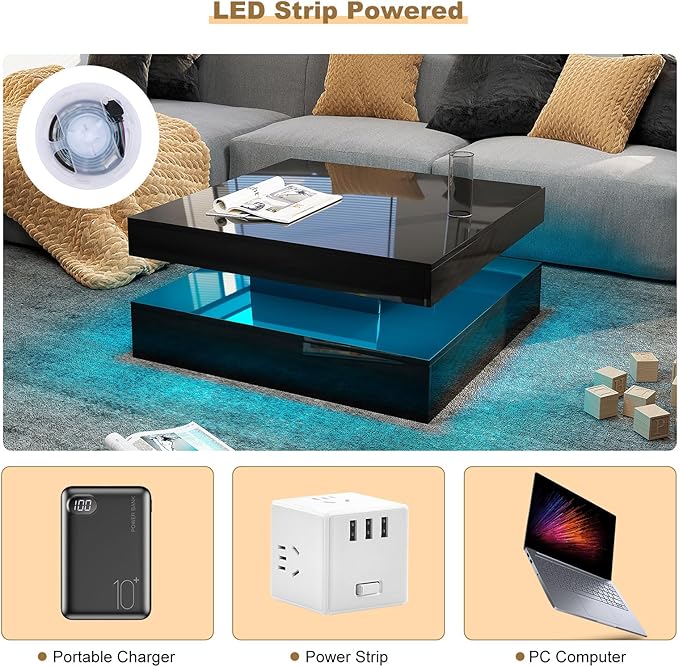 HedoAjim Black LED Coffee Table for Living Room, Living Room Table 2-Tier Square Middle Center Table, Modern Coffee Tables with Storage, Contemporary Wood Tea Tables for Dining Reception