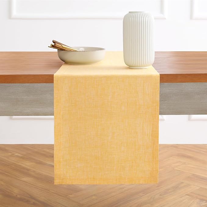 Solino Home Linen Table Runner 144 Inches Long - Athena, 100% Pure Linen Chambray Mustard Yellow Table Runner 14 x 144 Inch for Dining, Summer