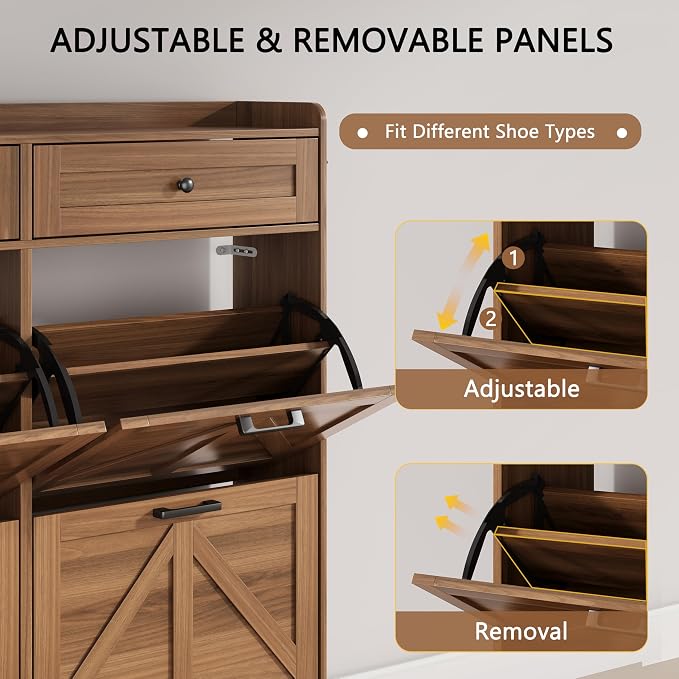Shoe Cabinet with 6 Flip Drawers & 2 Top Drawers, 57" Tall Freestanding Narrow Wooden Shoe Storage Organizer for Entryway, Hidden Slim Shoe Rack for Front Door Entrance, Hallway, Living Room, Walnut