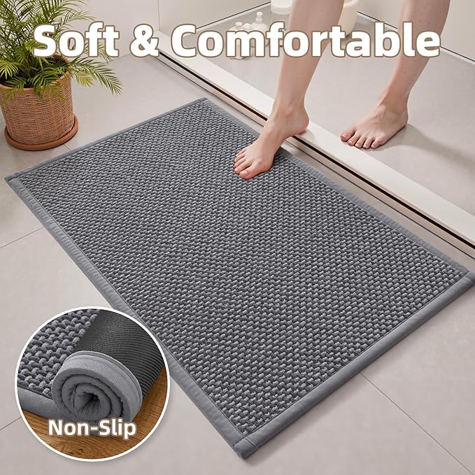 PADOOR-Bath Mat Runner-Super Absorbent Chenille Bathroom Mats-Rubber Backed Bath Mats for Bathroom Non Slip, Easy Clean Bathroom Runner Rugs Front of Bathtub,Shower Room,Sink-24×48