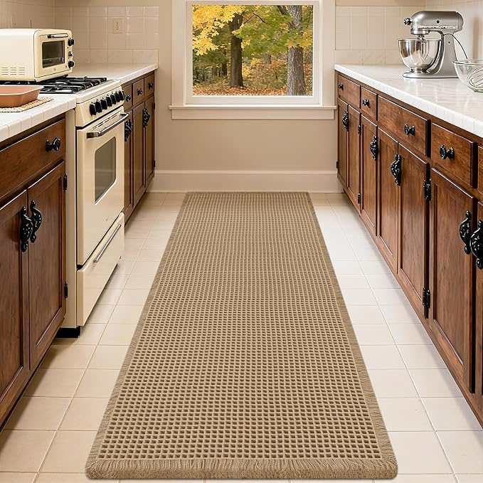 Waffle Bath Mat, Boho Woven Modern Bath Rug Absorbent Non Slip, Ultra Soft Bathroom Mats, Machine Washable Knit Bath Rugs with Bath Letter for Bathroom, Bedroom, Kitchen, Tub, 36"x24", Beige & White