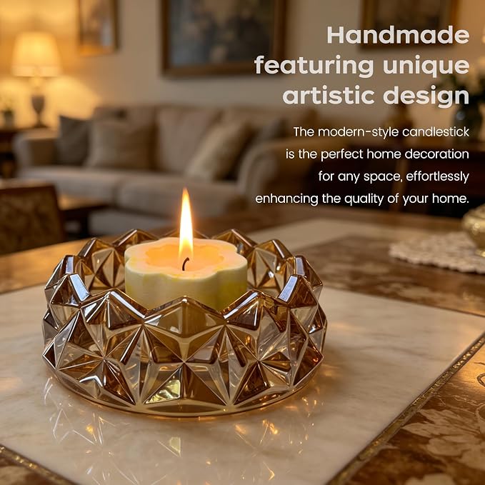 Diamond Glass Candle Holder, Clear Glass Candle Dish for Home Decor, Decorative Modern Candle Tray for Small Candles & Diffusers (Amber)