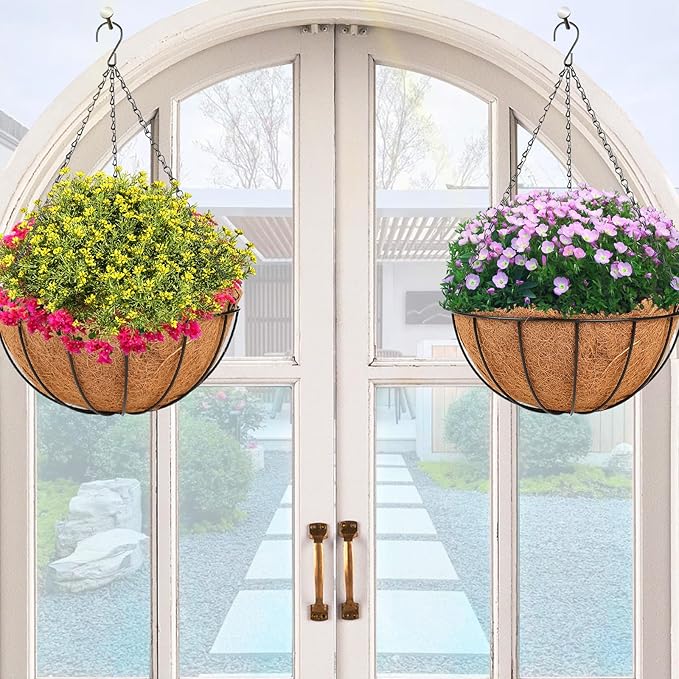 HKZ Hanging Basket Planter Plants Outdoor - 4 Pack 10 Inch Metal Hanging Planter with Coco Liners, Chain Hook Hanging Flower Pots for Indoor Outdoor Garden Porch Decoration