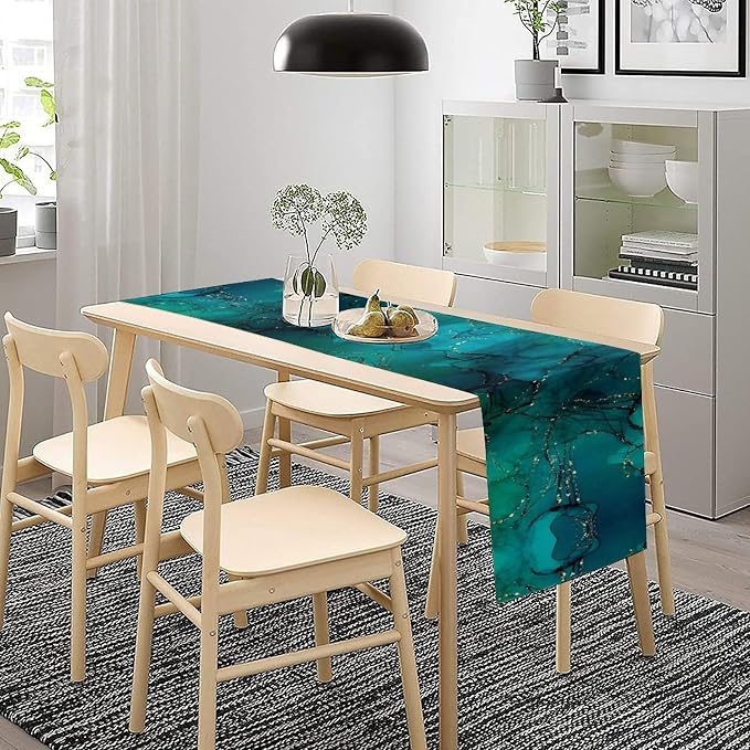 Turquoise Marble Table Runner, Teal Blue Gold River Textured Modern Abstract Art Table Runner for Kitchen Dining Home Party Wedding Decor, 13x108 Inch