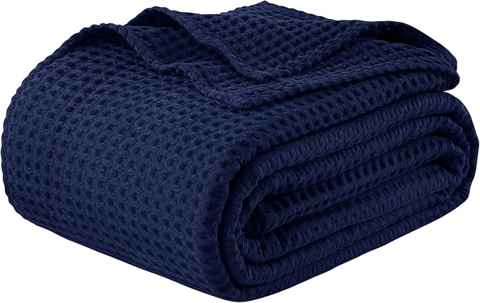 100% Egyptian Cotton Waffle Weave Blanket Queen Size for Bed, 320 GSM - Breathable and Soft for Spring Summer, Lightweight All Season Bed Blanket for Couch, Sofa (90x90 Inches, Navy)