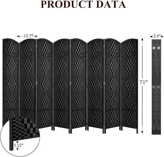 HALLYBEE Room Divider, Room Dividers and Folding Privacy Screens, 16in Privacy Screen, 8 Panel Temporary Wall Partitions, 6ft Space Separation Panel Screen, Black