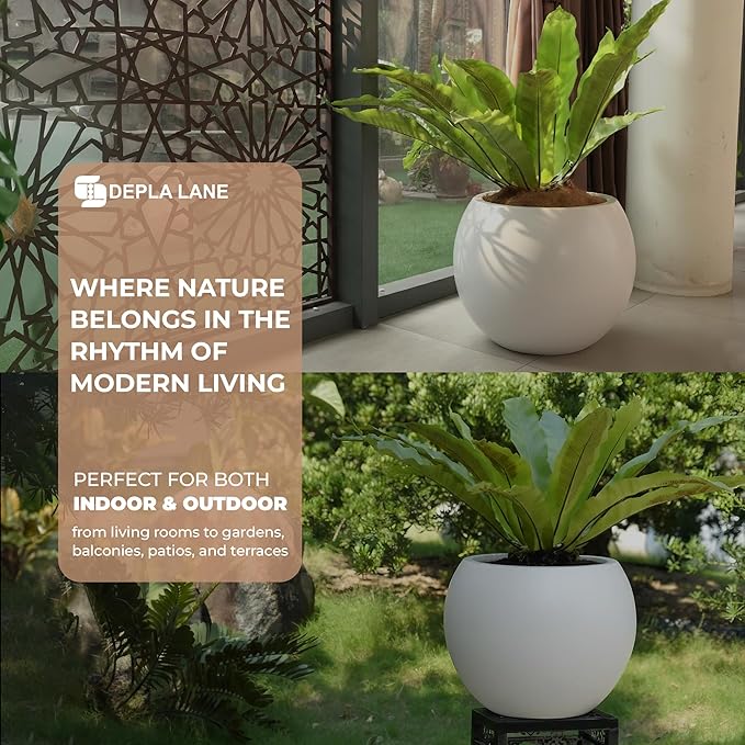 Marlo Fiberstone Round Planter (14.6" Pot Opening x 21.3"D x 16.5"H) Smooth Finishes, Lightweight, Durable, UV Resistant, Modern Minimalist Home Decor, Indoor Outdoor Plant Pot (L, White)