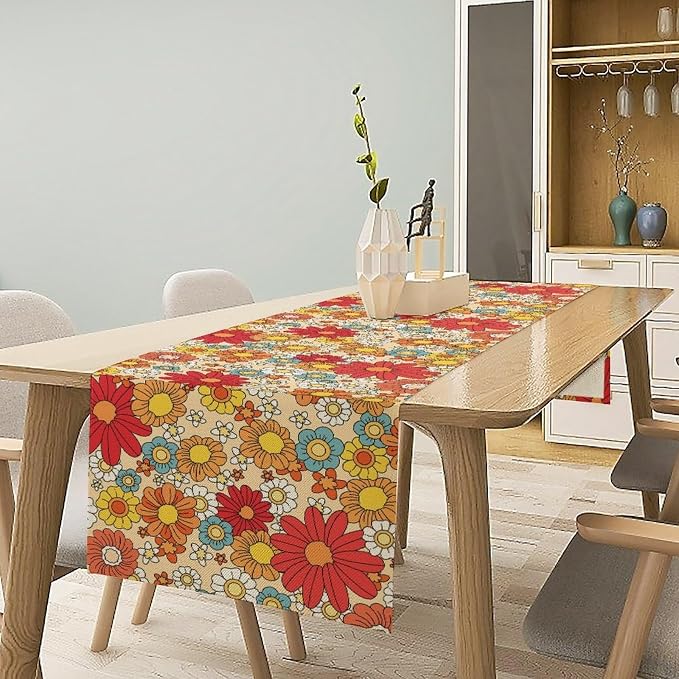 Hippie Floral Table Runner Groovy 1970s Vintage Colorful Rural Flower Retro Floral Printed Table Runner for Living Room Kitchen Dining Table Decoration 13x36in