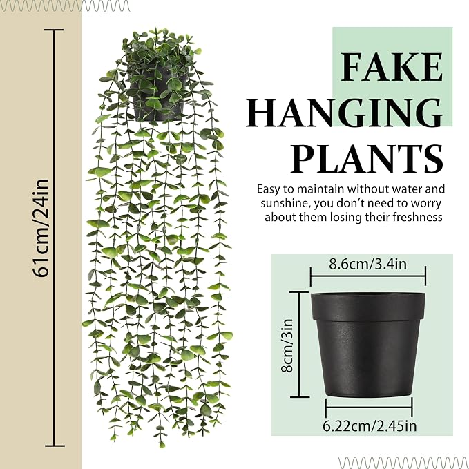 Waipfaru 2Pcs Fake Hanging Plants with Pot, Artificial Potted Faux Eucalyptus Plants Fake Vines Ivy Artificial Plants Outdoor Faux Plants Indoor Bedroom Living Room Boho Wall Porch Shelf Decor