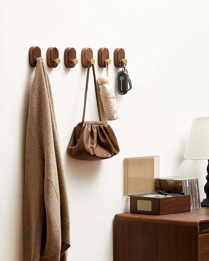 Wood Coat Hooks Wall Mount - Modern Walnut Coat Hook with Brass Accent for Hanging Clothes,Keys,Purse,Robes,Towel,Backpacks, Single Brass Wall Hooks Heavy Duty for Entryway, Closet, Bathroom (6 Pack)