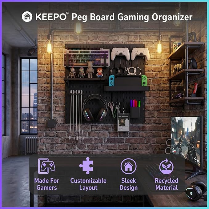 Keepo Peg Board Wall Organizer for Gaming Setup, Pegboard with Adhesives & Screw Mounts, Includes Peg Board Accessories for Gaming Accessories, Tech Storage & Office Organization (Black, 22″×22″)