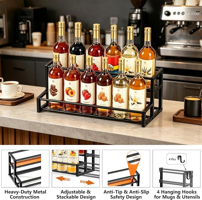 Expandable Coffee Syrup Organizer, Heavy Duty Syrup Rack Enlarged 6-12 Bottles Syrup Stand for Coffee Bar Accessories, Width Adjustable Space-Saving Storage Coffee Rack
