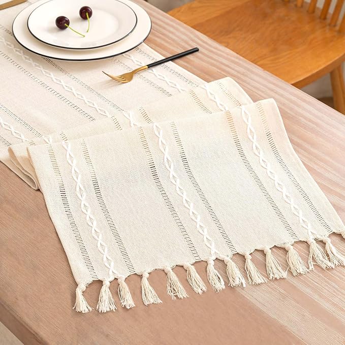 Table Runner, Rustic Farmhouse Linen Waterproof Table Runners for Holiday Party, Dresser Decor and Dining Room Decorations-Ivory-14 x72, 4-6 Seats