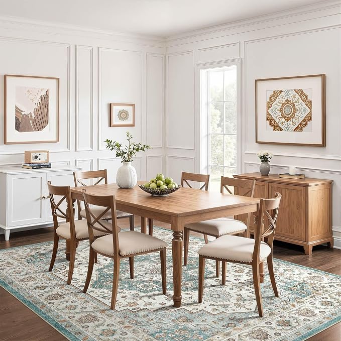 10x13 Area Rug Living Room: Washable Boho Large Neutral Vintage Soft Rug Stain Resistant Farmhouse Non-Slip Indoor Floor Carpet for Bedroom Nursery Kids Playroom Office Dining Room Home- Teal Brown