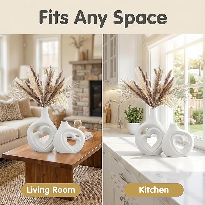 White Heart Shaped Hollow Ceramic Vase Set of 2, Modern Nordic Boho Style Home Decor for Table Centerpiece Dining Living Room Book Shelf Decoration, Matte Finish, H 8.5in