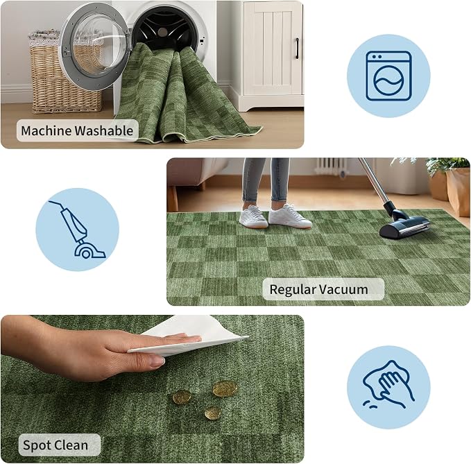 GarveeHome 2×6 Kitchen Runner Rug Non Slip,Moss Green Checkered Rug,Washable Runner Rug for Hallway Soft Low-Pile Geometric Checkerboard Rugs for Entryway Kitchen Dining Room