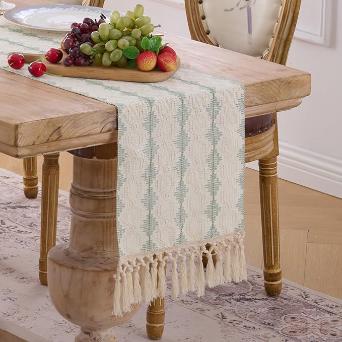 Fancy Homi Sage Green Boho Cotton Polyester Table Runner 60 Inches Long, Farmhouse Macrame Table Runners with Tassels for Home Party Bohemian Rustic Bridal Shower Kitchen Dining Decor 12x60 Inches