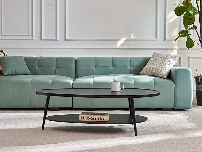 AGV Oval Coffee Table with Storage Shelf 47” Mid Century Modern Coffee Table,Black Wood Finish MDF Top with Black Metal Legs for Living Room,Office or Small Space