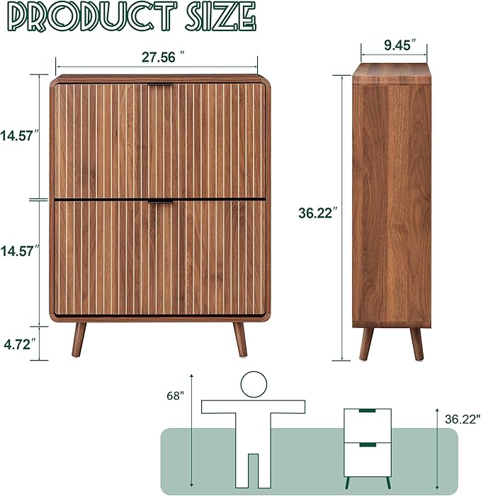 FurSch Fluted Shoe Cabinet Storage for Entryway,Slim Shoe Cabinet with 2 Flip Drawers, Narrow Shoes Rack Organizer (All Walnut, 2 Drawers)
