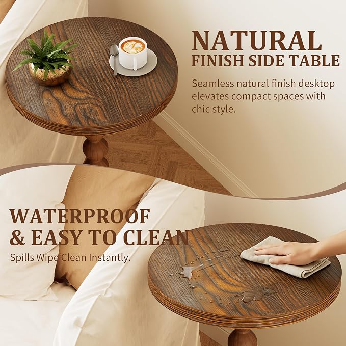 Round Side Table, Drink Table for Small Spaces, Modern Accent Nightstand with Rubberwood Leg for Living Room, Bedroom, Corners, and Office, Set of 2 (Brown)