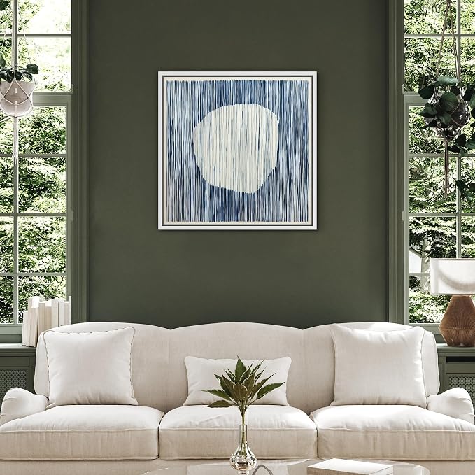SIGNFORD Framed Canvas Print Wall Art Blue Line Pattern with White Circle Illustrations Modern Art Relax/Calm Warm for Living Room, Bedroom, Office - 24"x24" WHITE