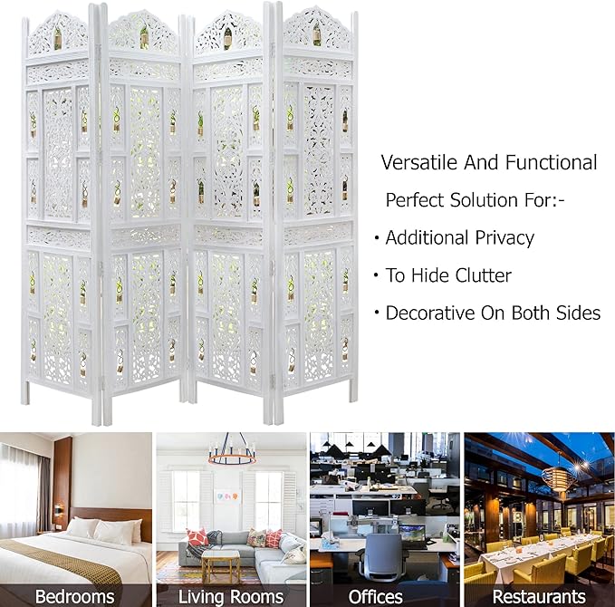 Room Divider Wood Screen - Ghanti Bells Antique White - 4 Panel Folding 72 x 80 - Assembled Hand Carved Decorative Functional Versatile Portable Partition Reversible Privacy Boho - COTTON CRAFT