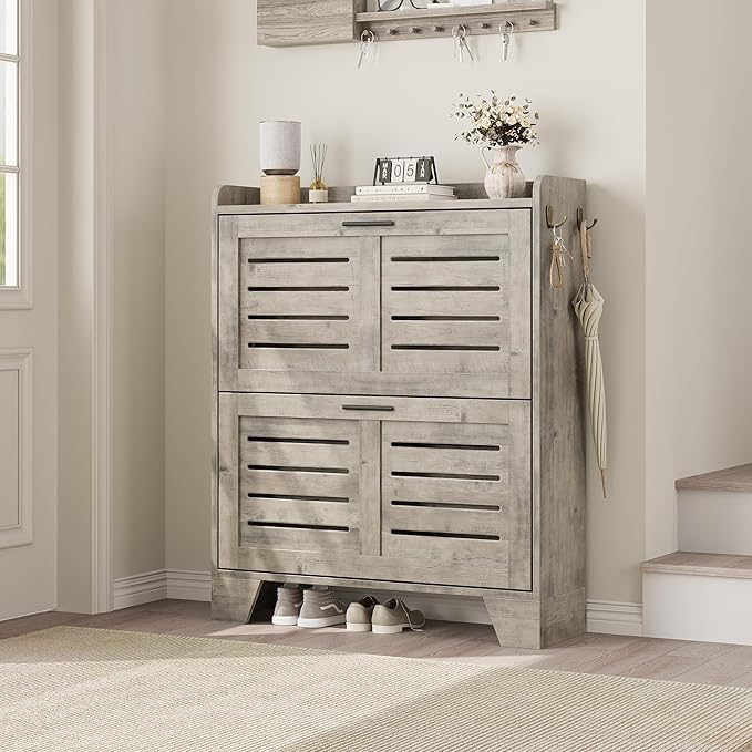 IDEALHOSUE Shoe Cabinet Storage for Entryway, Slim Shoe Storage Cabinet with 2 Flip Drawers, Freestanding Hidden Narrow Shoe Organizer Cabinet with Hooks for Entrance, Foyer, Hallway, Gray