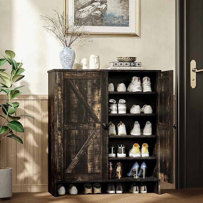 VINGLI Shoe Cabinet with Doors,5 Tier Dark Rustic Oak Wooden Shoe Storage Cabinet for Entryway with Double Barn Doors, Adjustable Shelves, 36.4" Tall Farmhouse Shoe Rack Organizer for Entryway