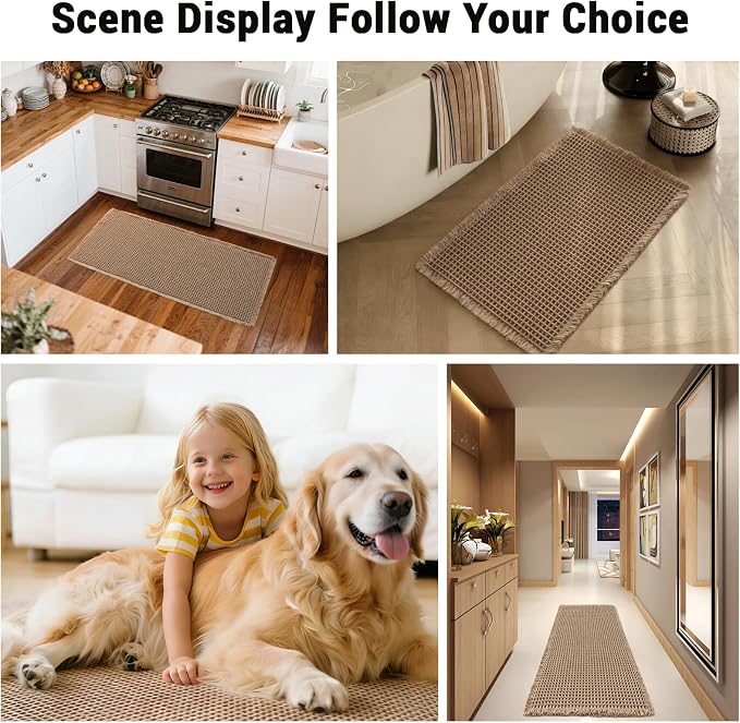 Waffle Bath Mat Set of 2, Non Slip Waffle Rugs for Bathroom, Super Absorbent & Quick Dry Soft Shower Mat for Bathroom & Kitchen Floor, Machine Washable Bath Rugs (Brown)