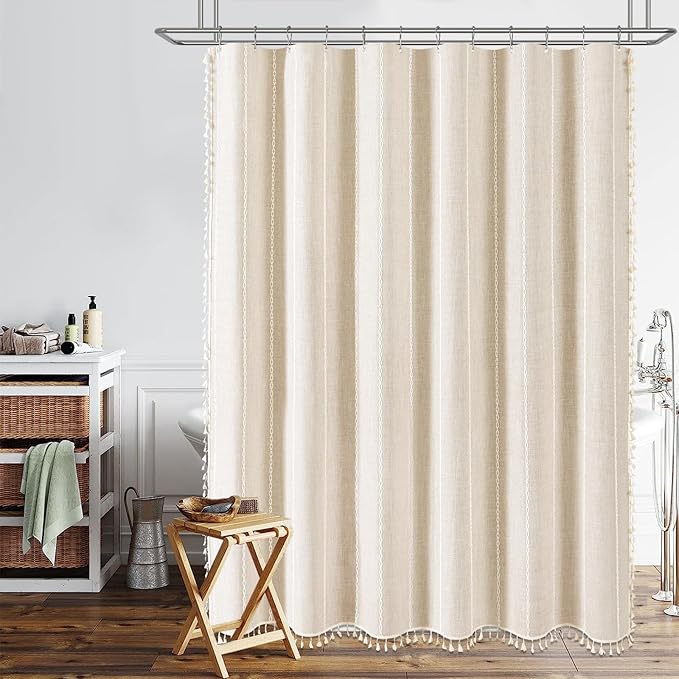 BTTN 80 Inch Long Shower Curtain - 72x80 Boho Farmhouse Linen Thick Striped Fabric Shower Curtain Set with Plastic Hooks, Tall Rustic Country Luxury Cloth Shower Curtains for Bathroom - Cream/Beige