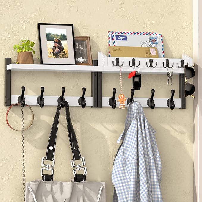 35'' White Coat Rack Wall Mount with Shelf, Solid Wood Coat and Key Hanger with 13 Metal Hooks, Farmhouse Wall Organizer for Mail, Entryway Wall Hangers for Hats, Clothes, Backpacks, Mudroom