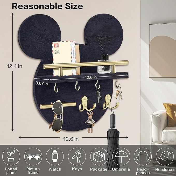 AIRPOP Key Holder for Wall–Mouse Wooden Mail Organizer Wall Mount with Shelf and 6 Hooks, Easy Installation Key Rack Hanger for Entryway Living Room Home Decor (Black)