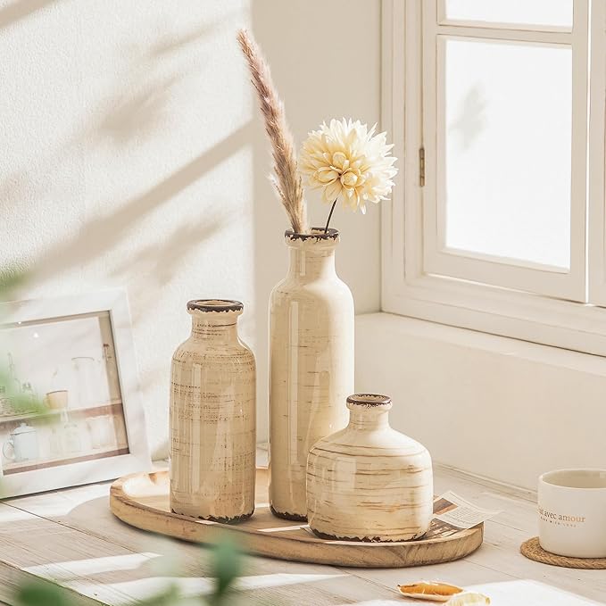 Ceramic Vase Set of 3 White - Ice Creak Bud Vases Set for Flower Centerpieces Decor - Vintage Samll Vase for Pampas Grass - Modern Decoration for Home Farmhouse Table Office, Mini Vase by Lyeec