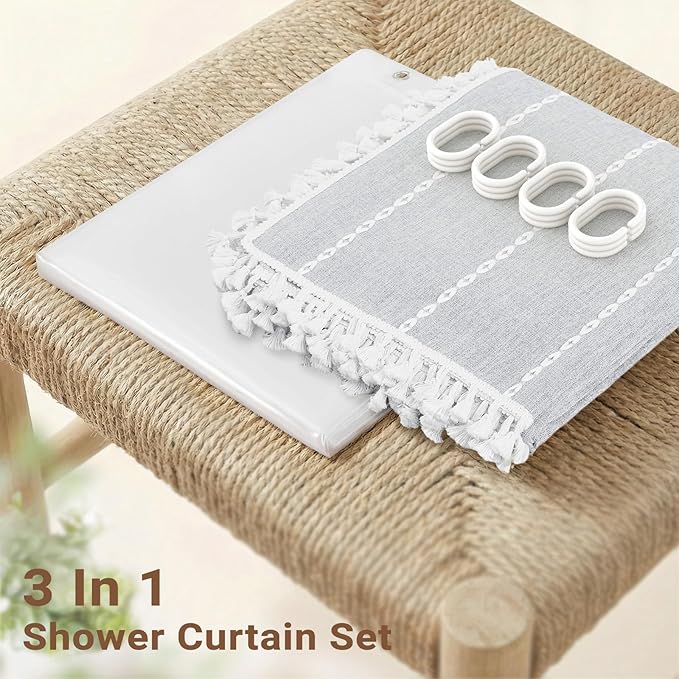 BTTN 3 in 1 Shower Curtain with Liner, 84 Extra Long Boho Linen Striped Cloth Shower Curtain Set with Hook, Tall Farmhouse Bohemian Waterproof Fabric Shower Curtain for Bathroom, Grey/Gray, 72x84