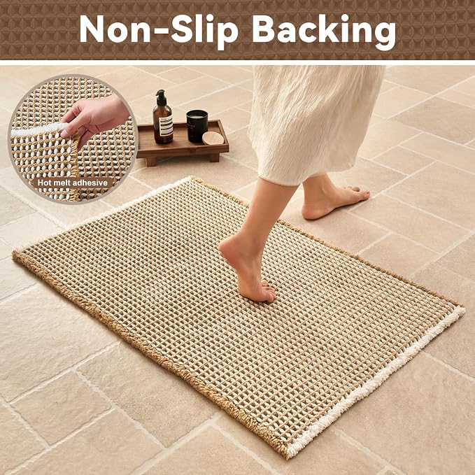 Triohero Waffle Runner Bath Mat - Long Bathroom Rugs Non Slip Washable, Ultra Soft Super Absorbent Quick Dry Boho Farmhouse Bathroom Decor, 24" x 72", Khaki & White