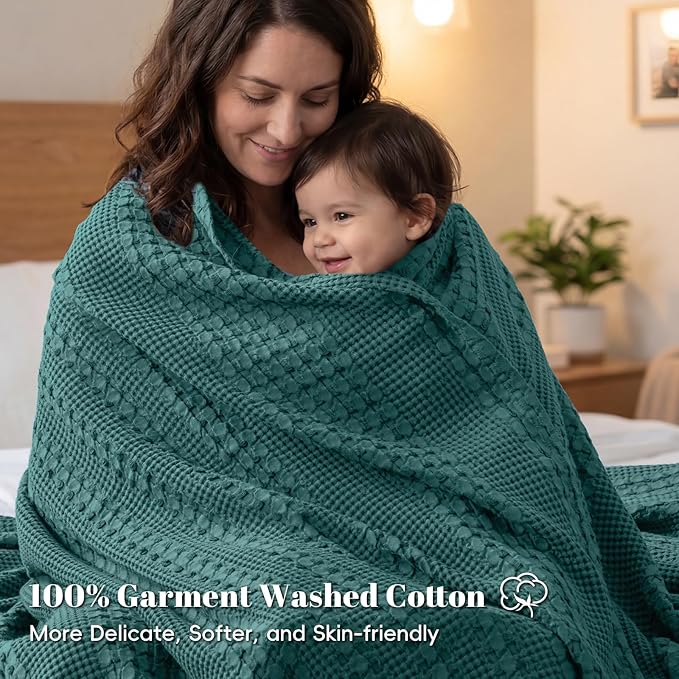 PHF 100% Cotton Waffle Weave Blanket Twin Size for Bed, Soft Lightweight & Breathable for Spring and Summer, All-Season Comfort, Luxury Aesthetic Blanket for Home Decor, 66"x90", Teal