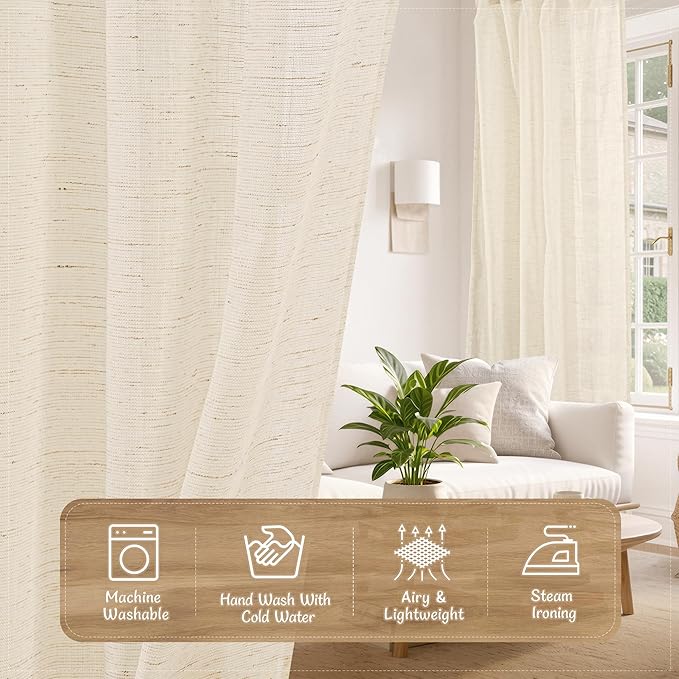 LAMIT Living Room Linen Curtains 90 Inch for Bedroom, Linen Textured Sheer Back Tab and Rod Pocket Panels Light Filtering Country Decor Drapes for Living Room, 2 Panels, 52 x 90 Inch, Linen